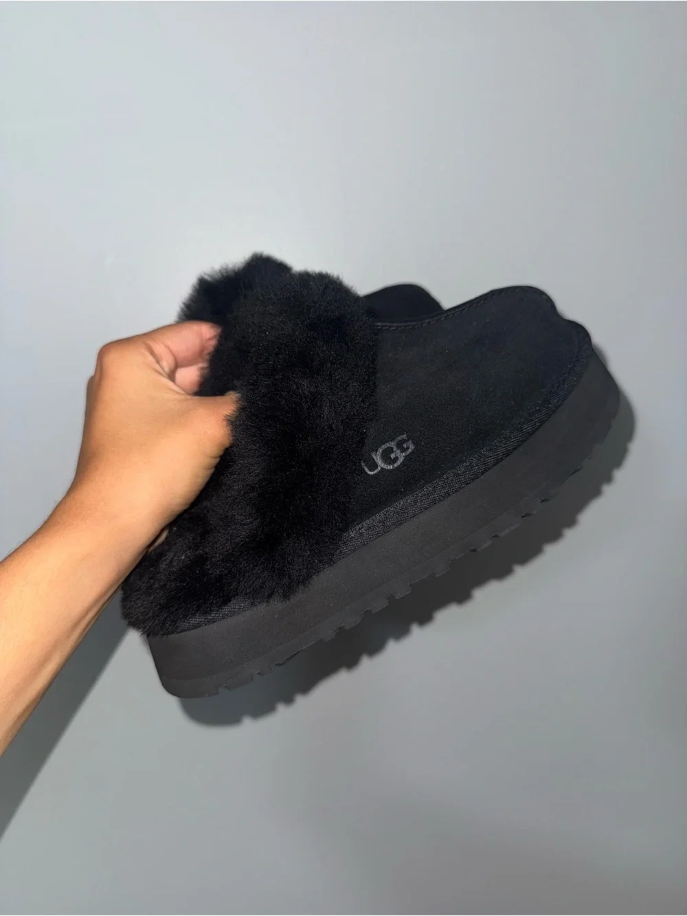 UGG Black Fluff Slide with Platform Sole